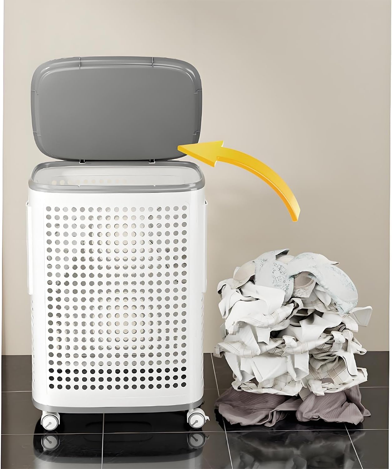 70L Rolling Laundry Hamper with Lid – Large Plastic Basket with Wheels & Handle (White)