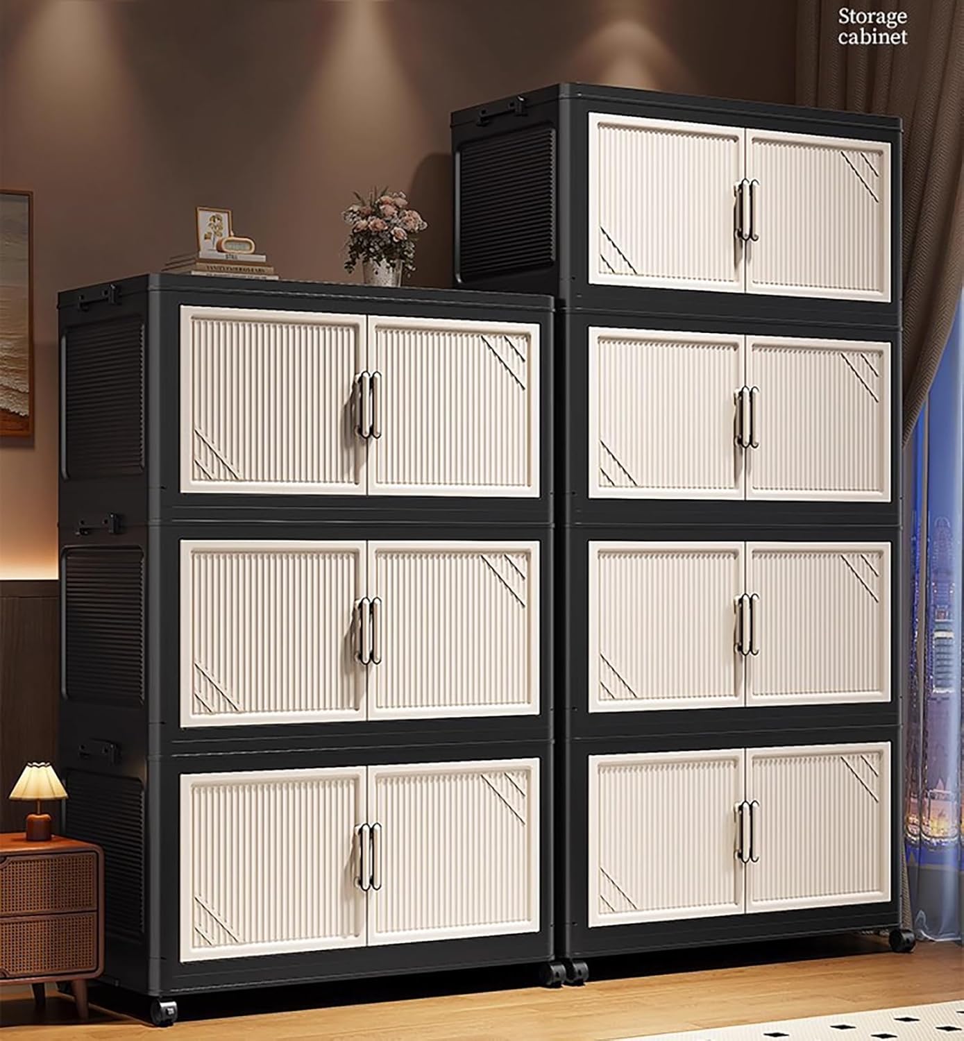 Multi-Tier Foldable Storage Box with Wheels (Black/Beige)