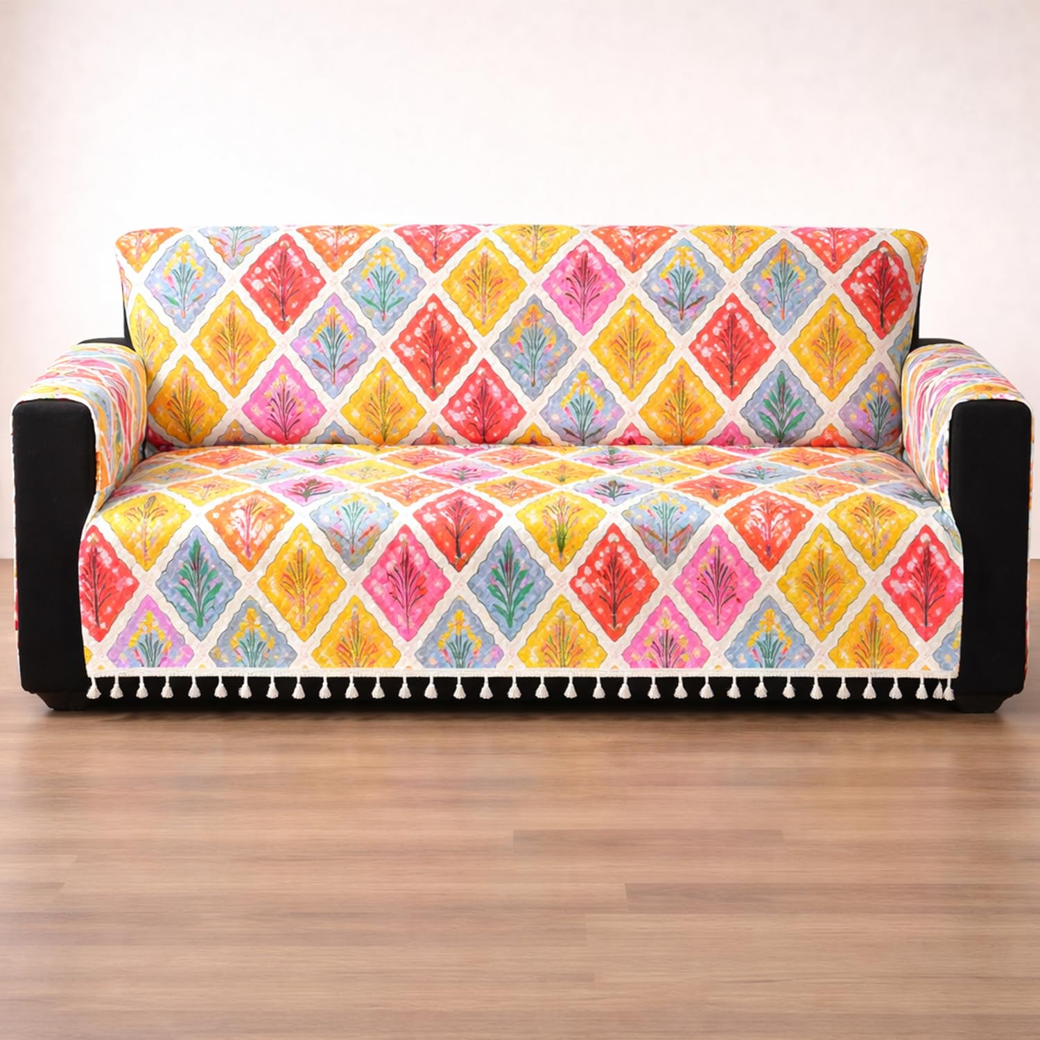 IKATRA Series Quilted Printed Sofa Cover for Indian Sofa Set with Side Pocket (Spring Blossom)