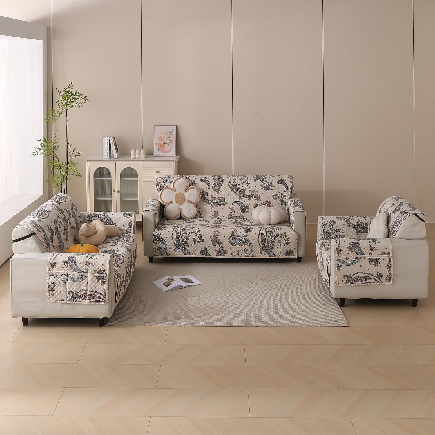 Polyester Sofa Cover Mat Reversible Couch Protector-White Pearl