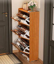 Wooden Narrow Shoe Cabinet with Breathable Doors - Brown