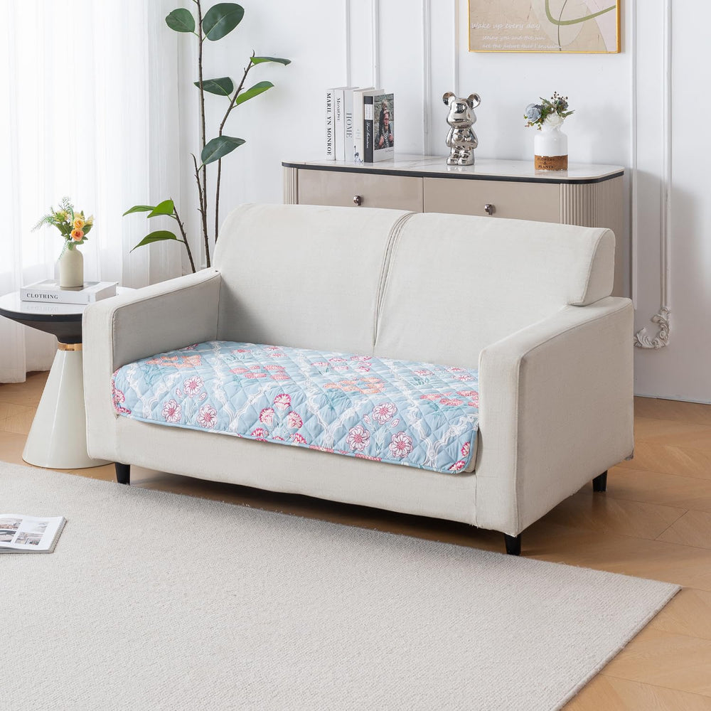 Printed Quilted Sofa Cover for 1/2/3/4 Seater Anti-Slip- Gulshan Sky