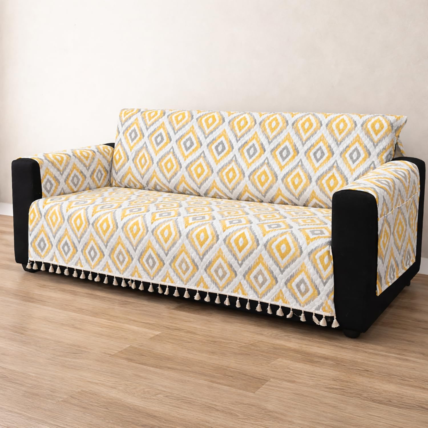 IKATRA Series Quilted Printed Sofa Cover for Indian Sofa Set with Side Pocket (Sunburst)