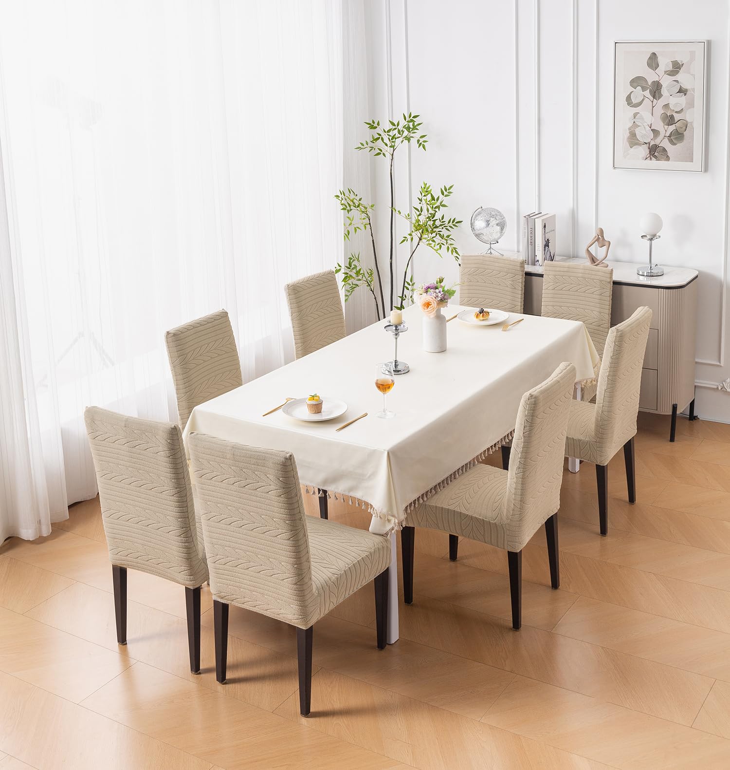 Flexible Stretch Dining Chair Cover 220 GSM Jacquard Fabric, Universal Fit (Khaki)