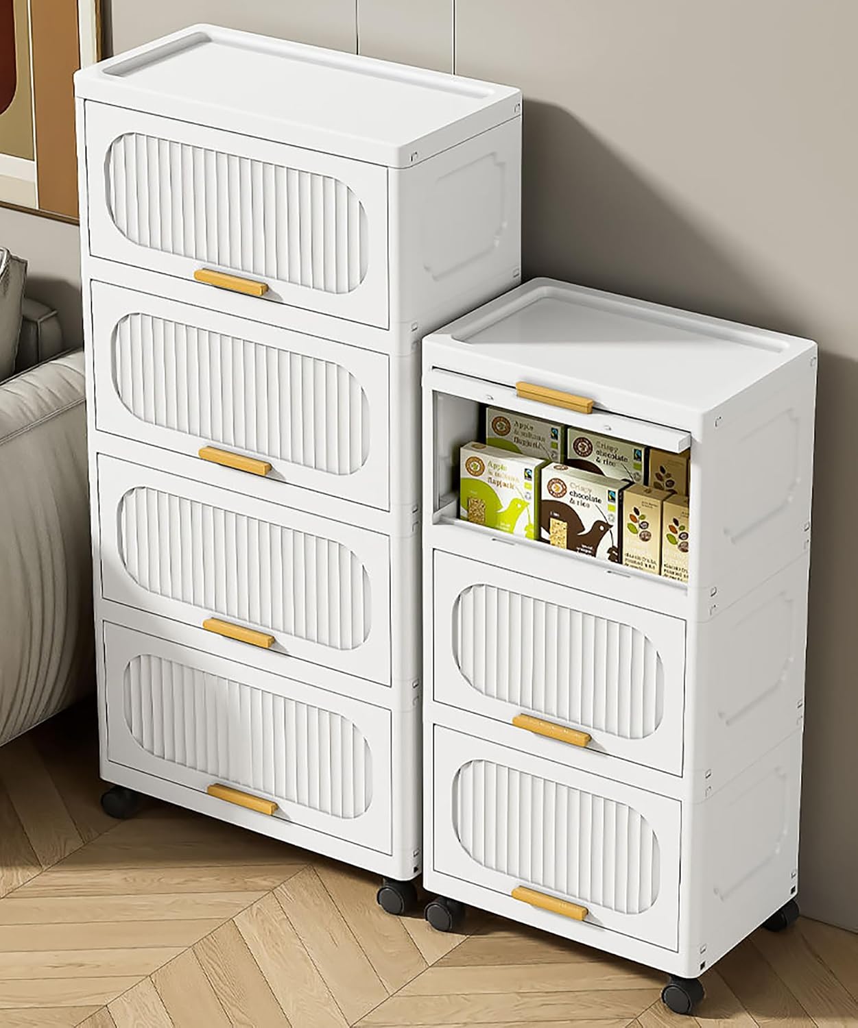 Stackable Collapsible Storage Boxes with Wheels and Doors – Versatile Plastic ( White 40 cm)