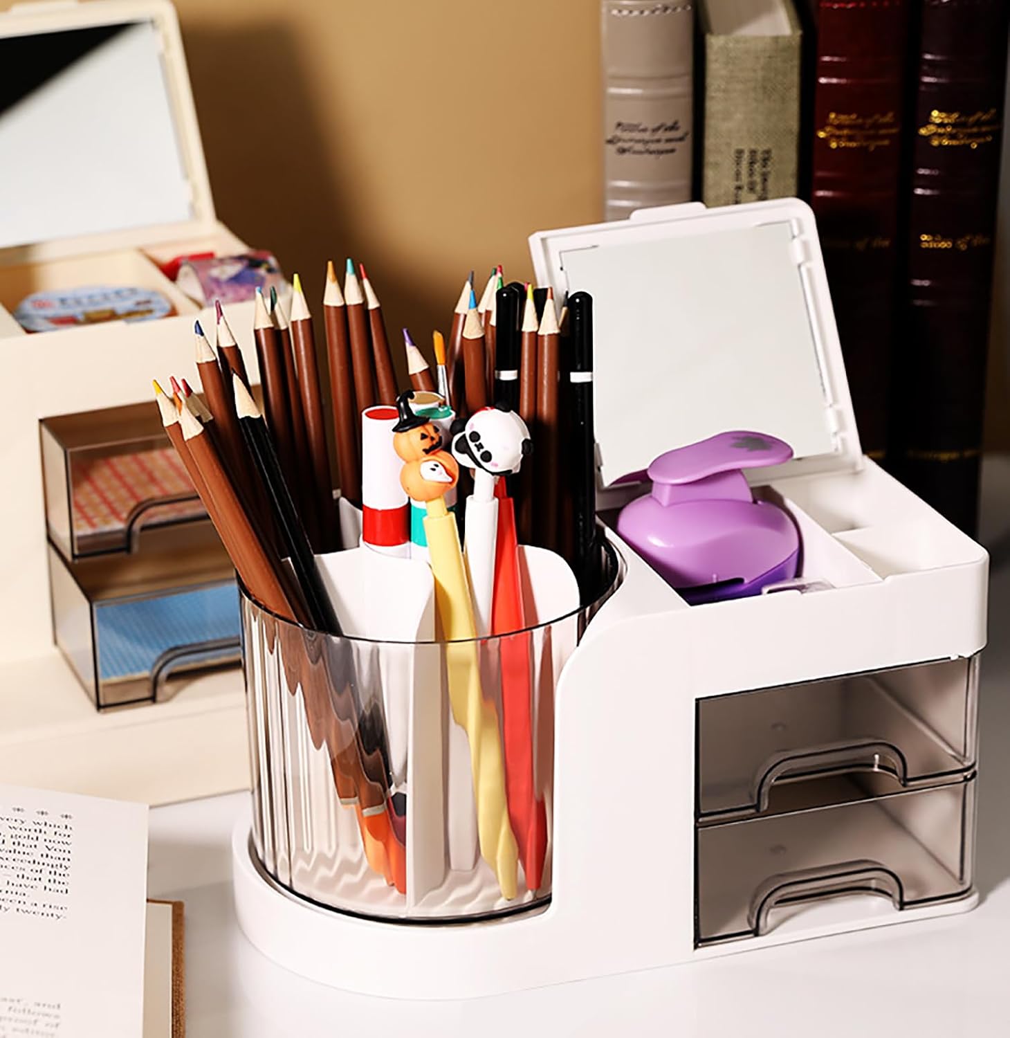 360° Rotating Desk Organizer with Mirror, 2 Drawers & 7 Slots