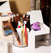 360° Rotating Desk Organizer with Mirror, 2 Drawers & 7 Slots
