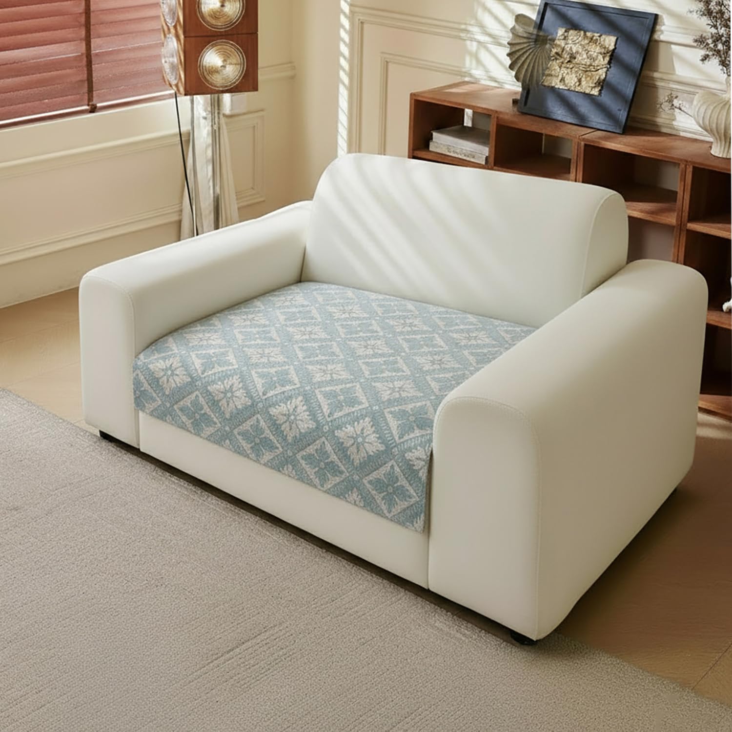 Lumen Series Chenille Jacquard Couch Cover – Quilted Non-Slip Washable Sofa (Blue)