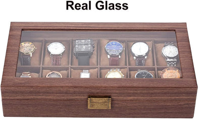 Wooden Look 12 Slot Watch Box Organizer Watch Case with Glass Top Antique Lock