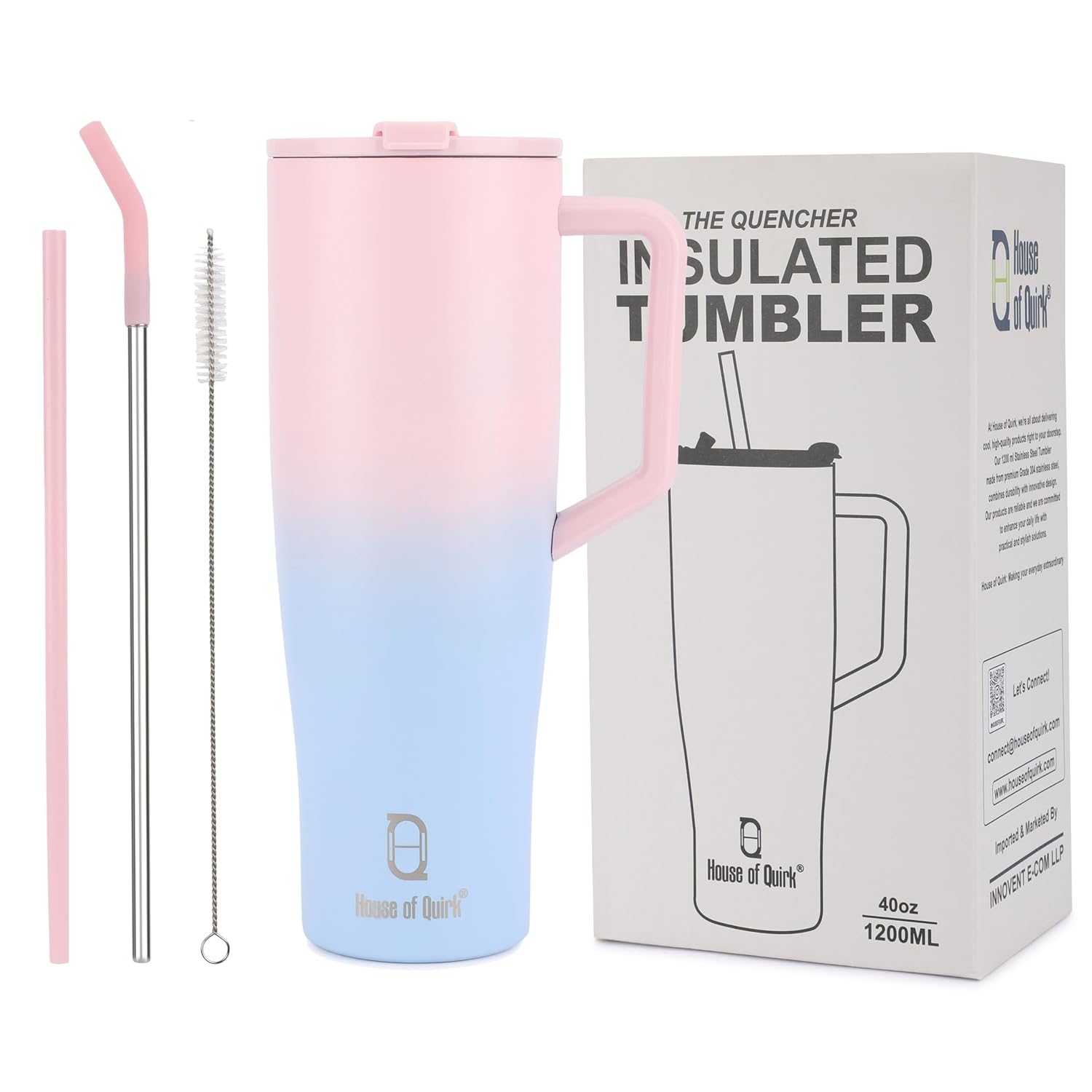 1200ML Stainless Steel Tumbler with Handle and 2 Straw Flip Lid Hot & Cold Bottle