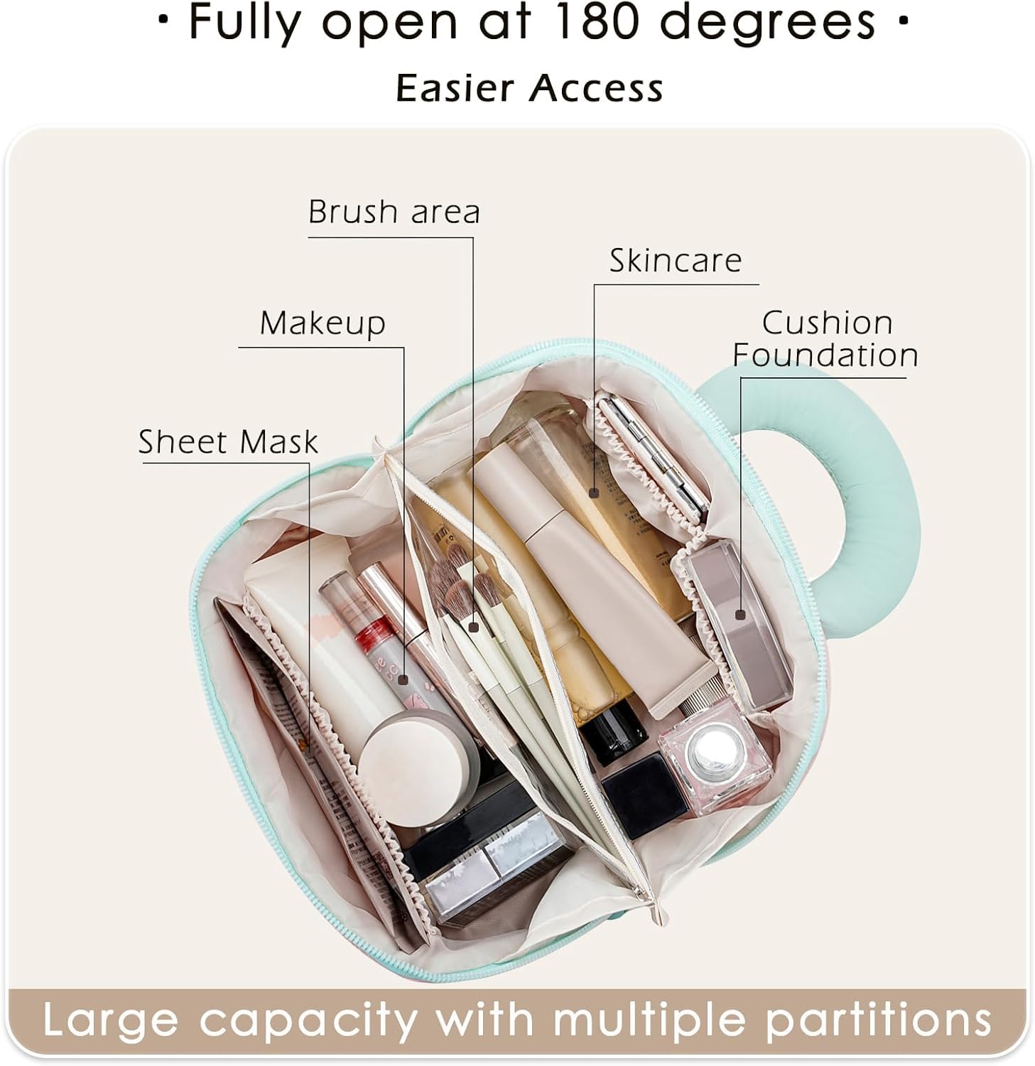 Travel Makeup Bag for Women – Lay Flat Cosmetic Bag with Compartments, Handle