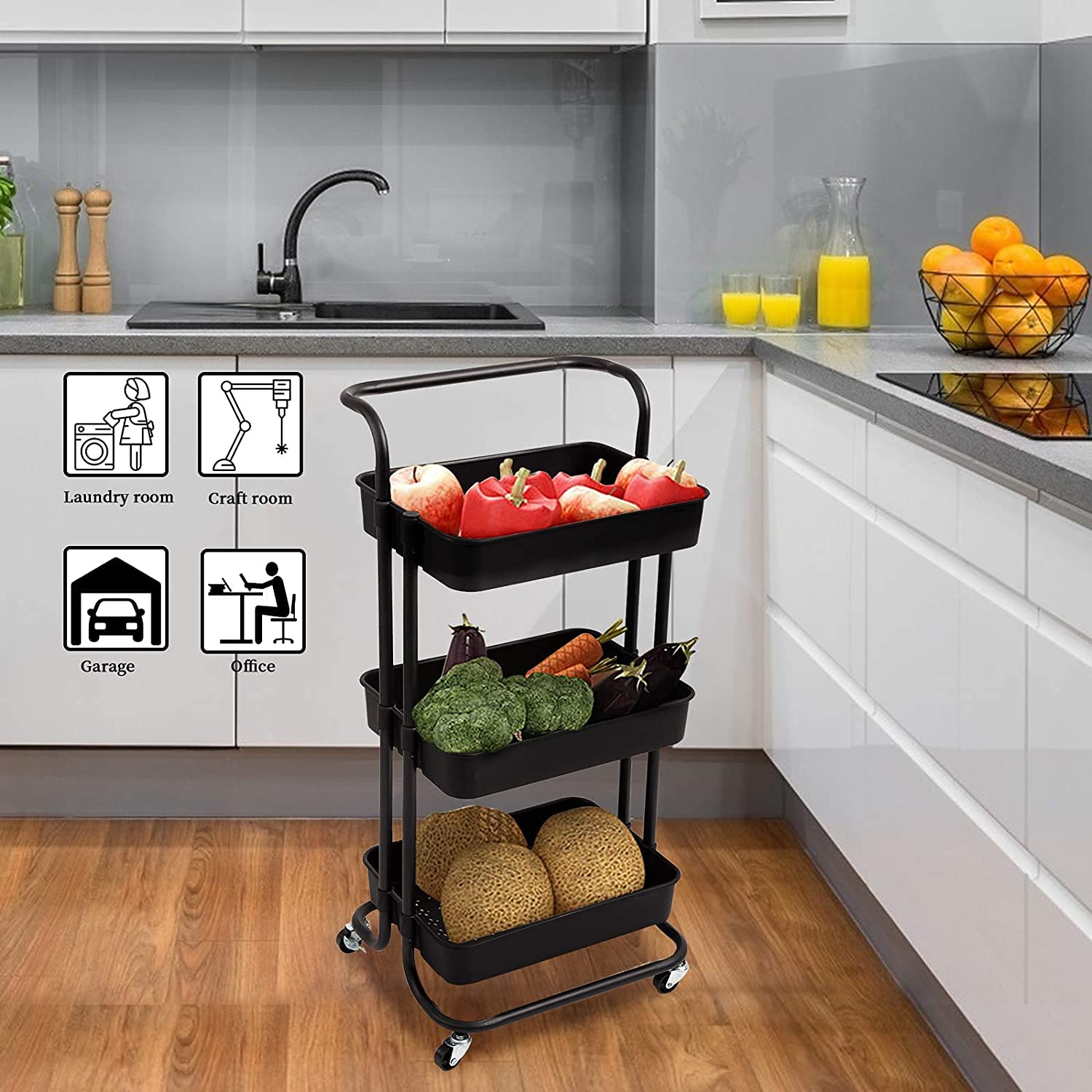 3 Tier Storage Trolley Metal Utility Trolley Storage Trolley, Multi-Purpose - (Black)
