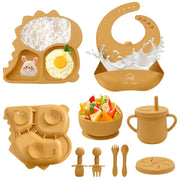 9 Pcs Silicone Baby Feeding Set | Dinosaur Divided Plate