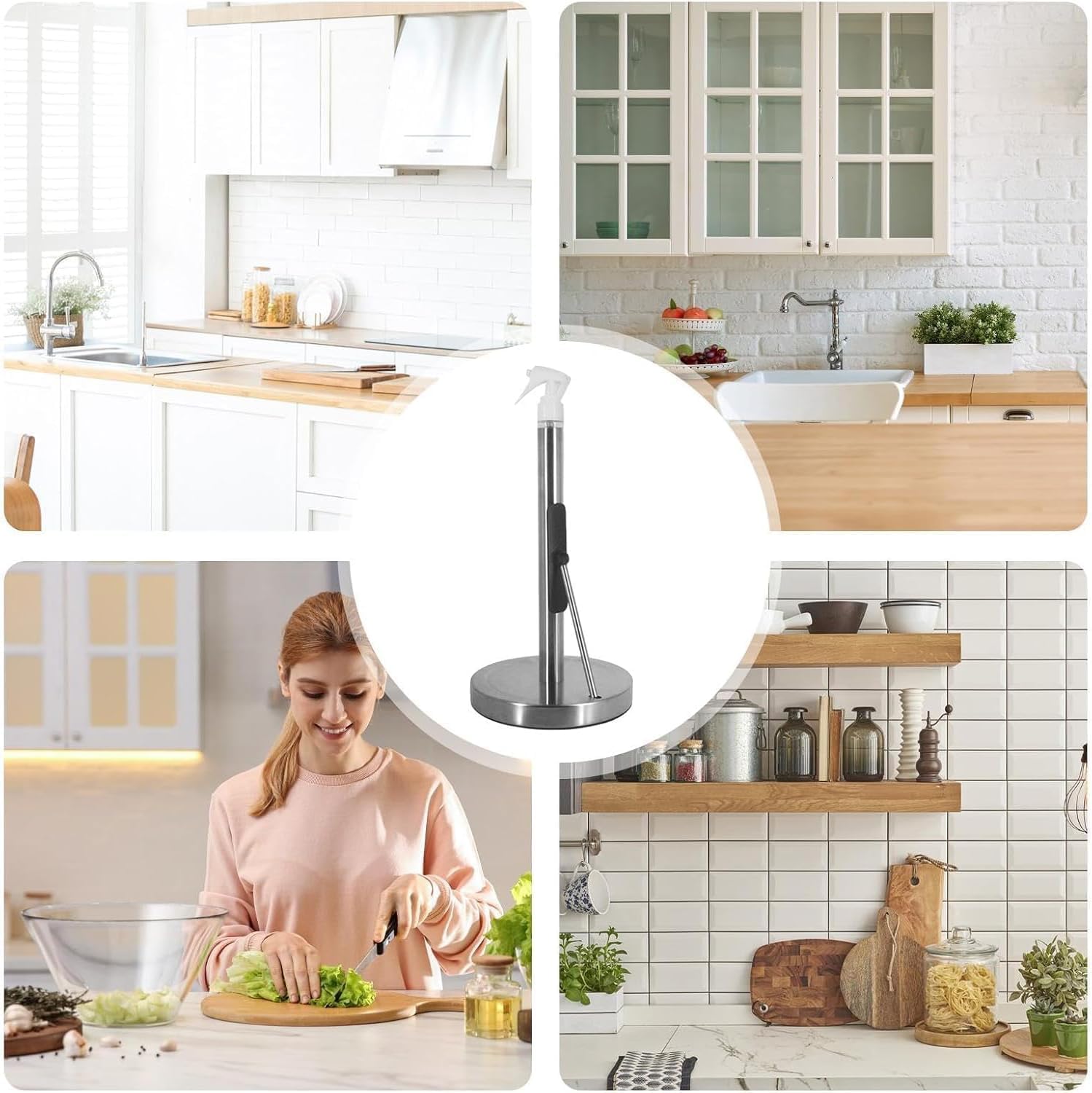 2-in-1 Stainless Steel Paper Towel Holder with Spray Bottle, Suction Base, One-Hand Tear Design (Silver)