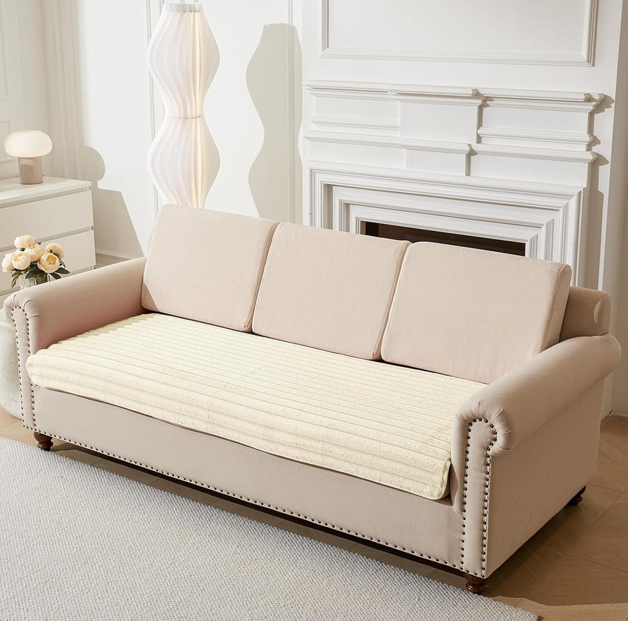 3D Striped Rabbit Plush Soft Sofa Mat Anti-Slip Fuzzy Plush- Cream