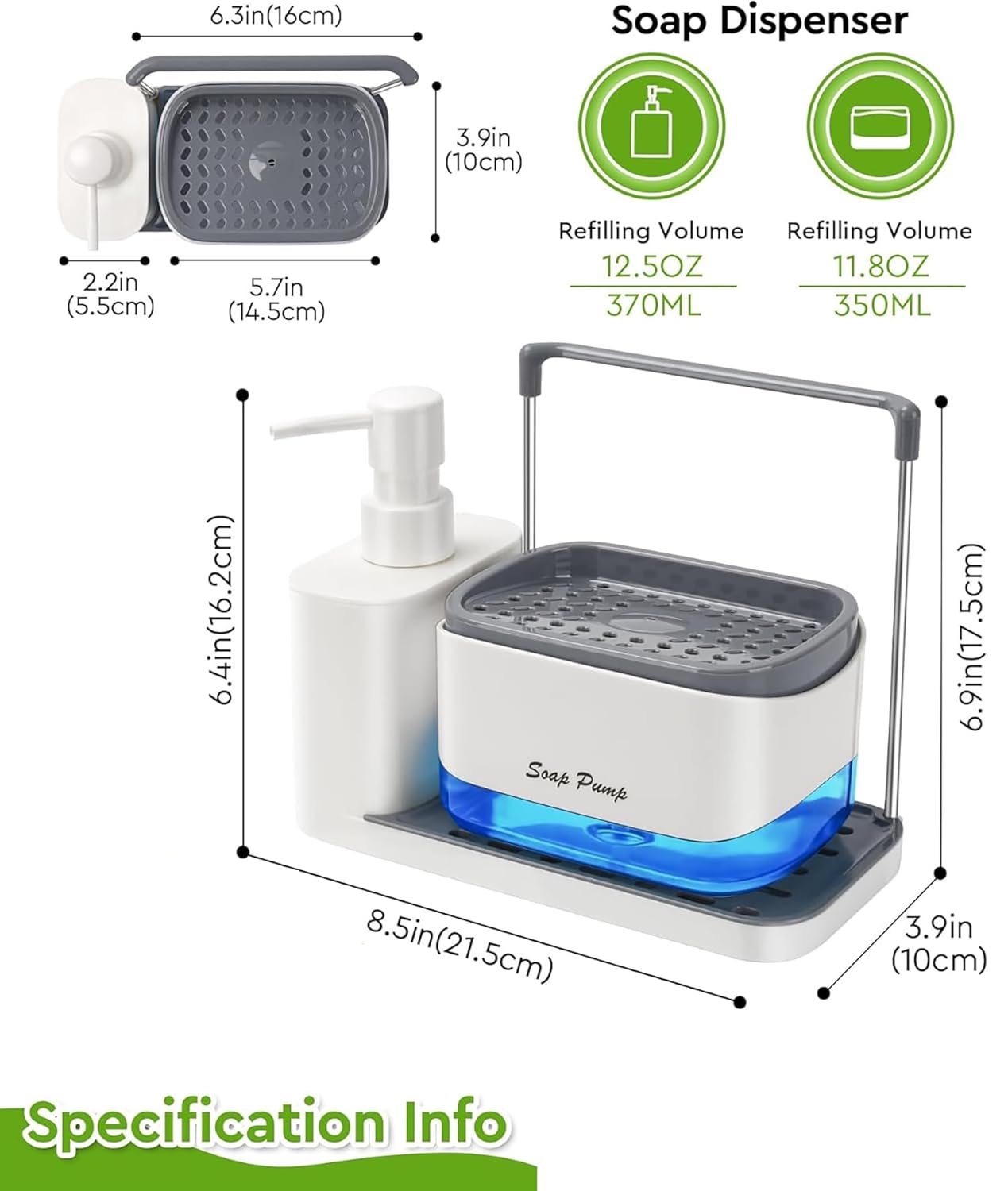 5-in-1 Kitchen Soap Dispenser Set with Sponge Holder & Tray – Sink Organizer for Dish & Hand Soap (White)