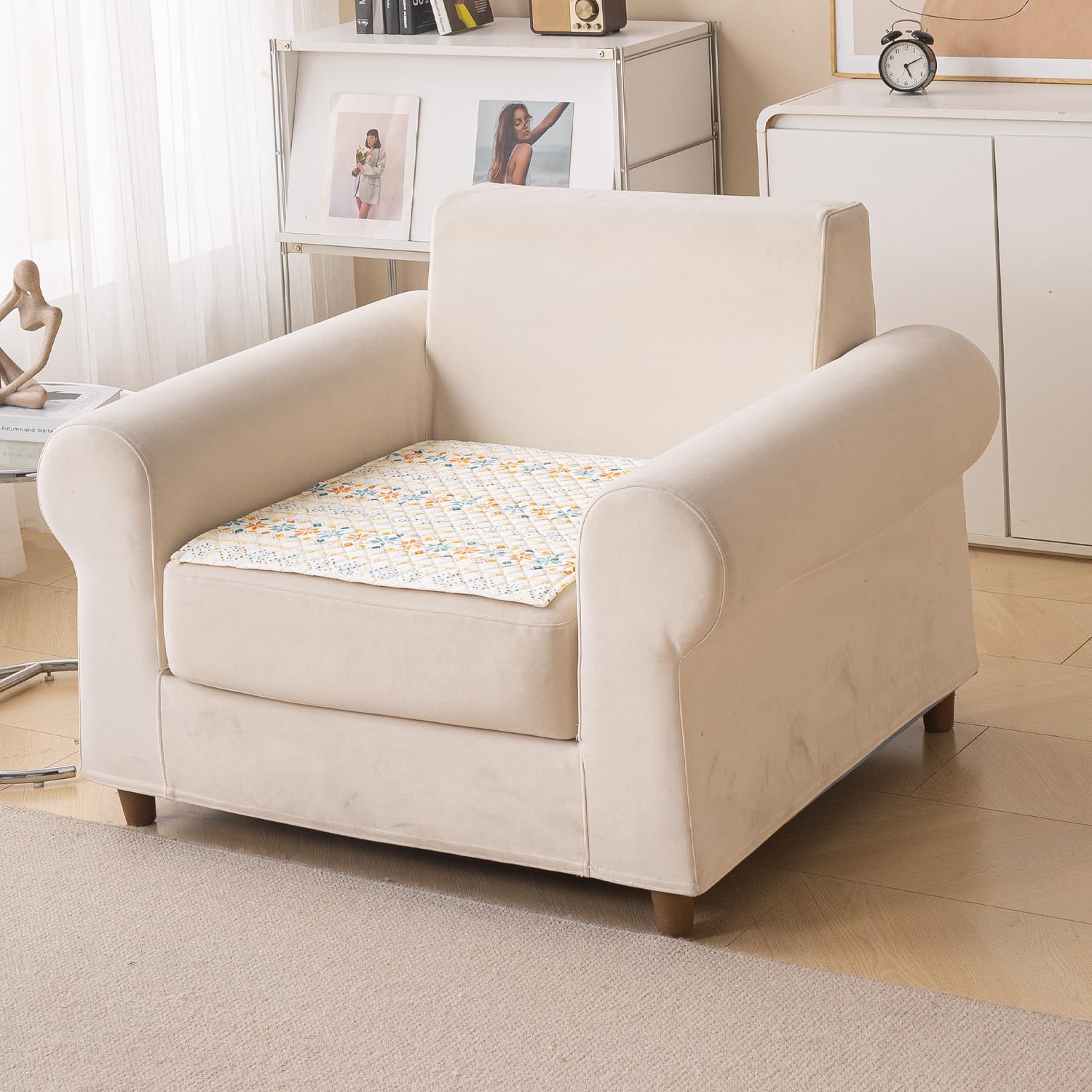 Printed Sofa Cover for Indian Sofa Set Quilted, Washable & Durable (Beige Garland)