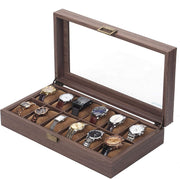 Wooden Look 12 Slot Watch Box Organizer Watch Case with Glass Top Antique Lock