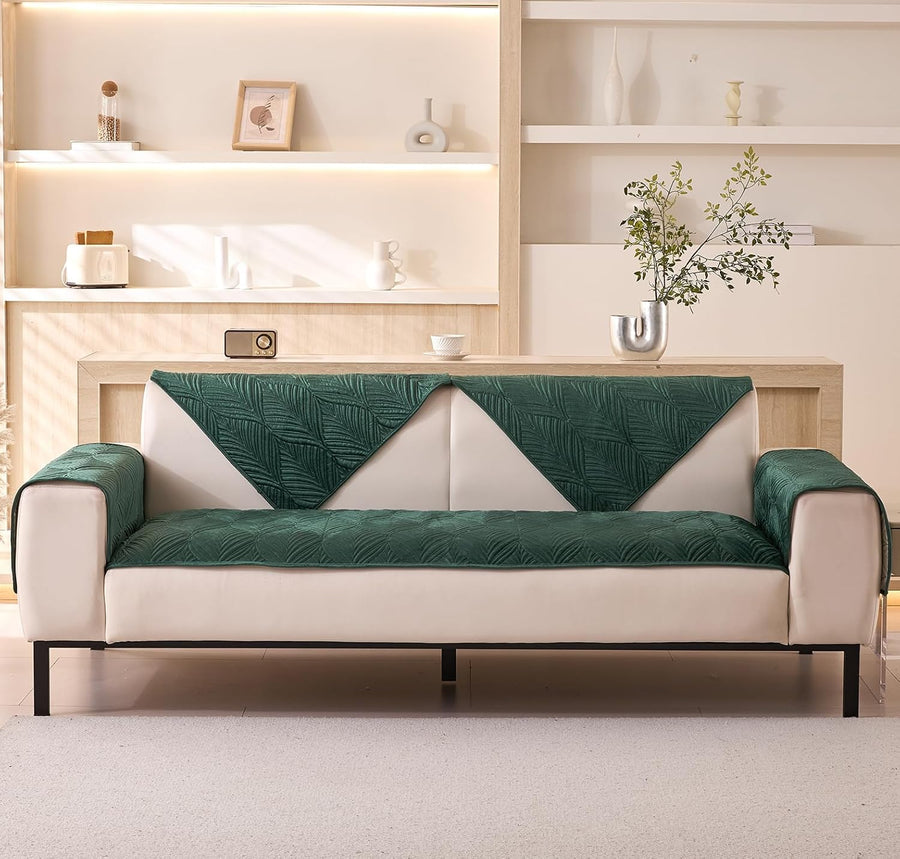 Velvet Palm Leaves Pattern Quilted Sofa Cover Set – 3-Piece Set (2 Armrest Covers 50x70cm + 1 Seat Cover) Green