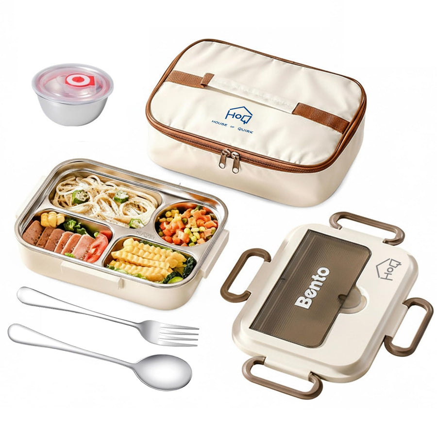 Stainless Steel Lunch Box | 304 Multi-Layer Bento Box with Bag & Utensils (Beige/Brown)