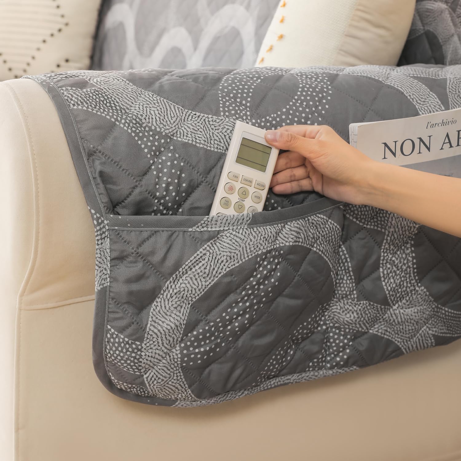 Gulnaar Series Anti-Slip Sofa Cover Mat with Pocket – Polyester Couch Protector(Silver Orbit)