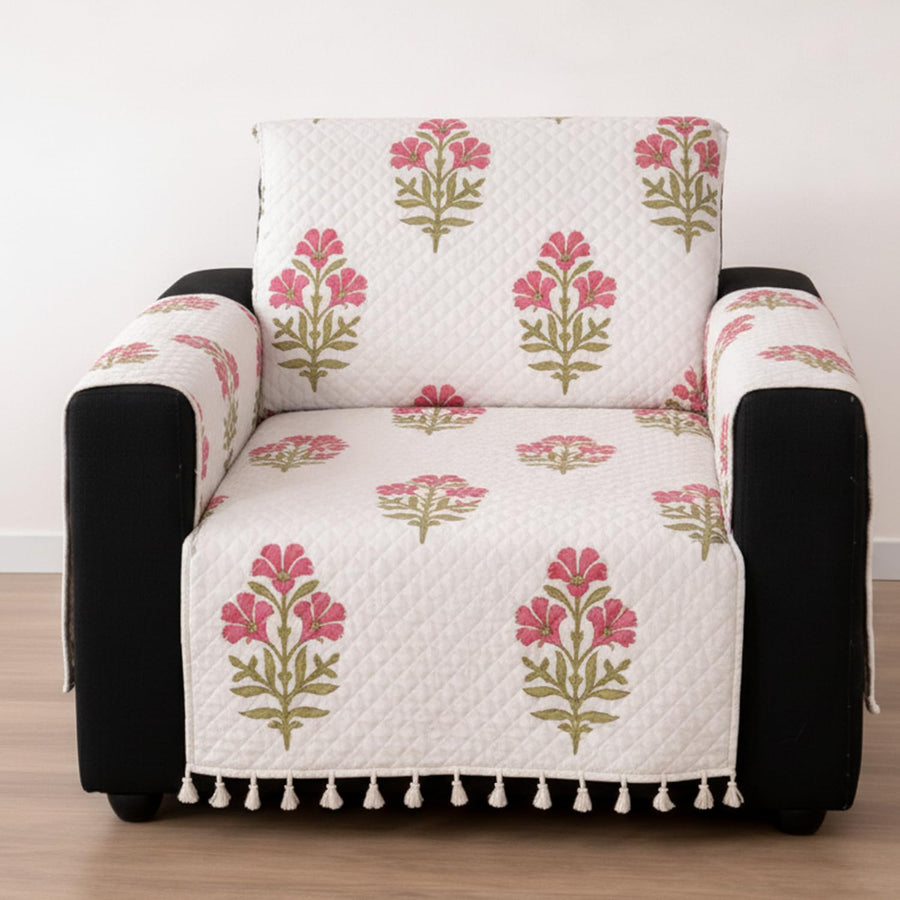 IKATRA Series Quilted Printed Sofa Cover for Indian Sofa Set with Side Pocket (Ivory Phool)