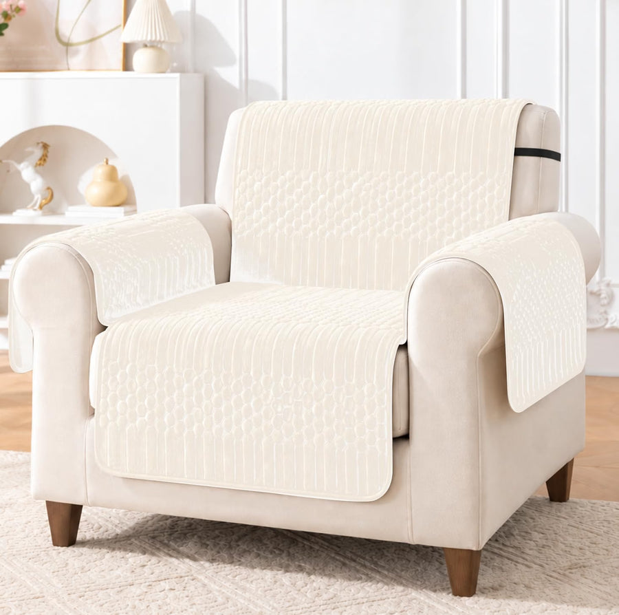 Ridge Plush Sofa Cover  Floral Design - Ivory