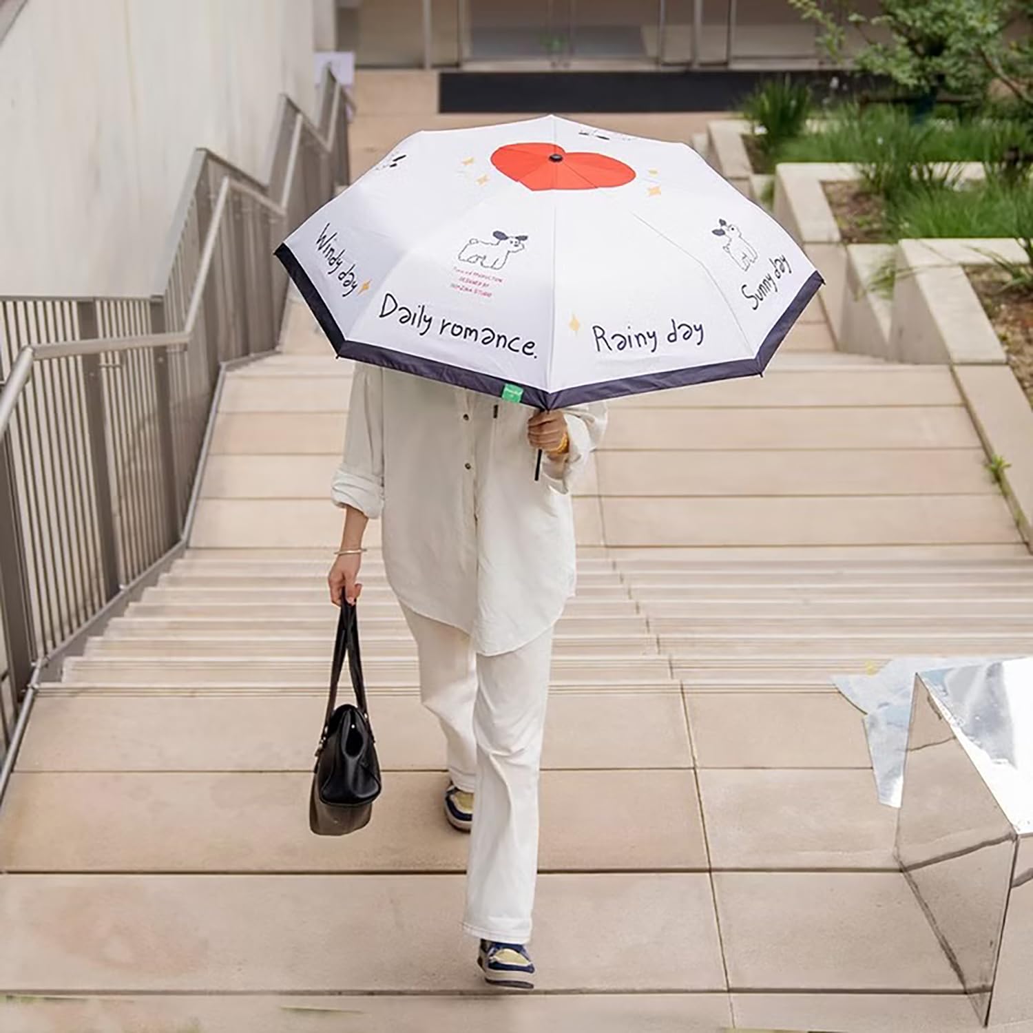 3-Fold Travel Umbrella - Auto Open/Close (White Centre Heart)