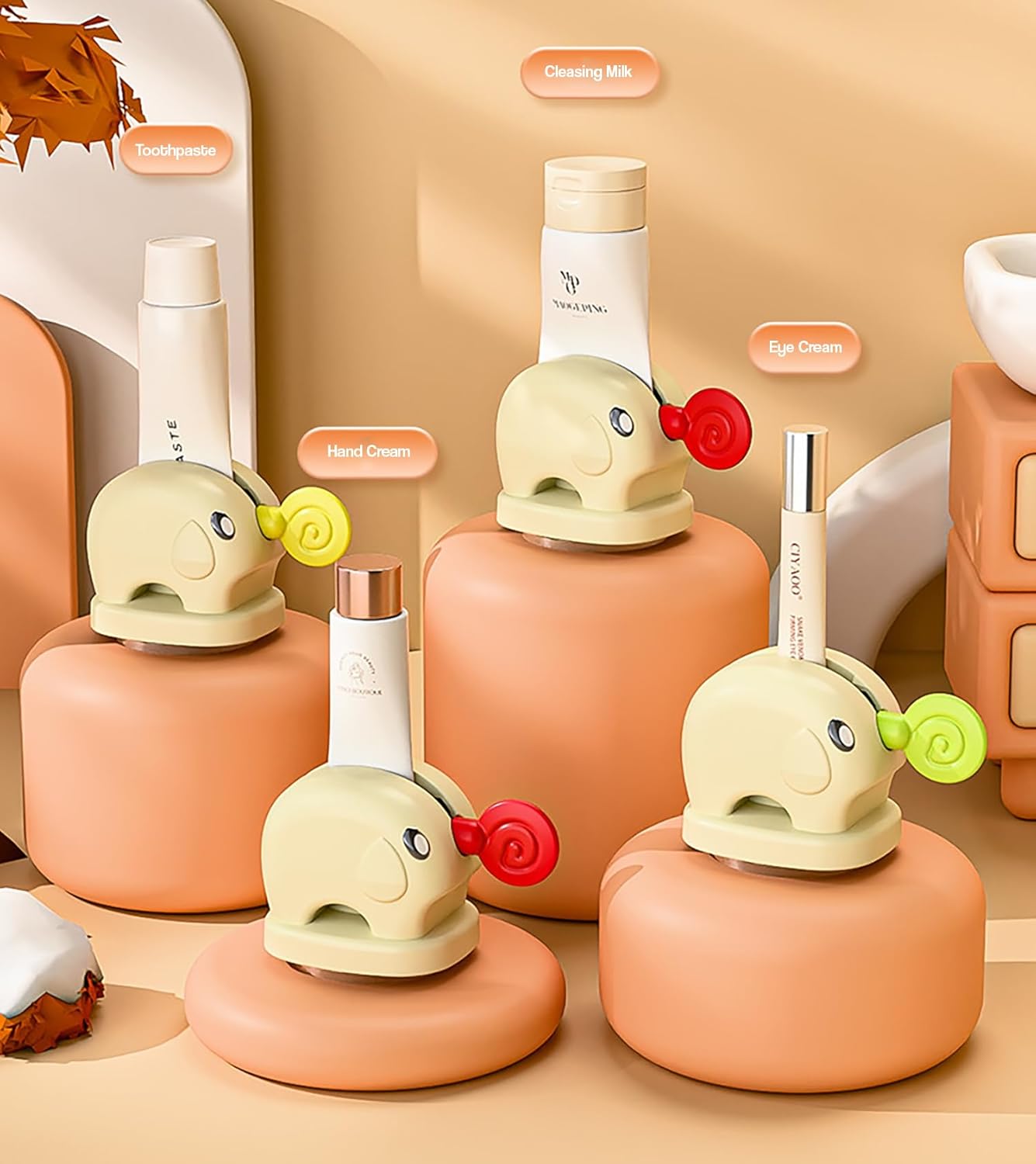 2pcs Elephant Toothpaste Squeezer & Holder – Cute, Kid-Friendly Tube Dispenser (Beige)