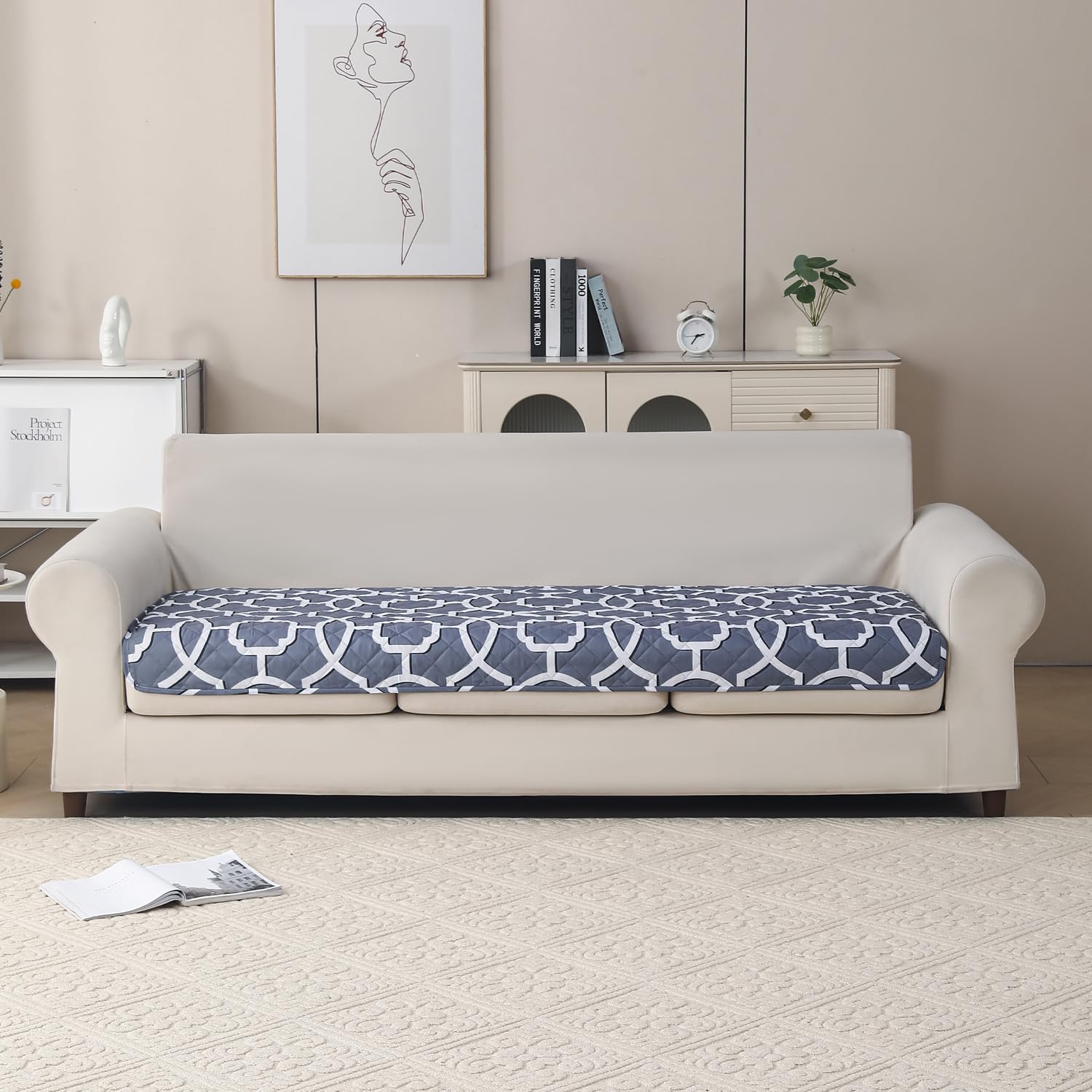 'Aura Petal Series' Quilted Sofa Mat Printed – Anti Slip (Octa Grey)
