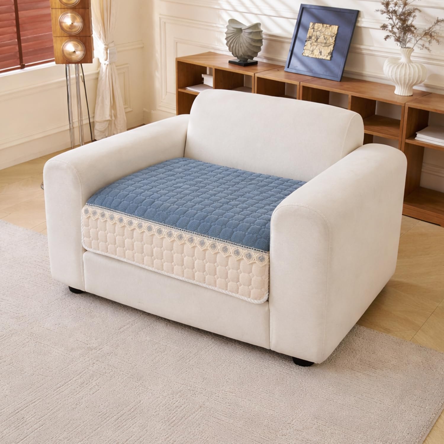 Waffle Quilt Corduroy Chenille Sofa Cover – Quilted, Non-Slip, Washable & Durable Protector (Blue)