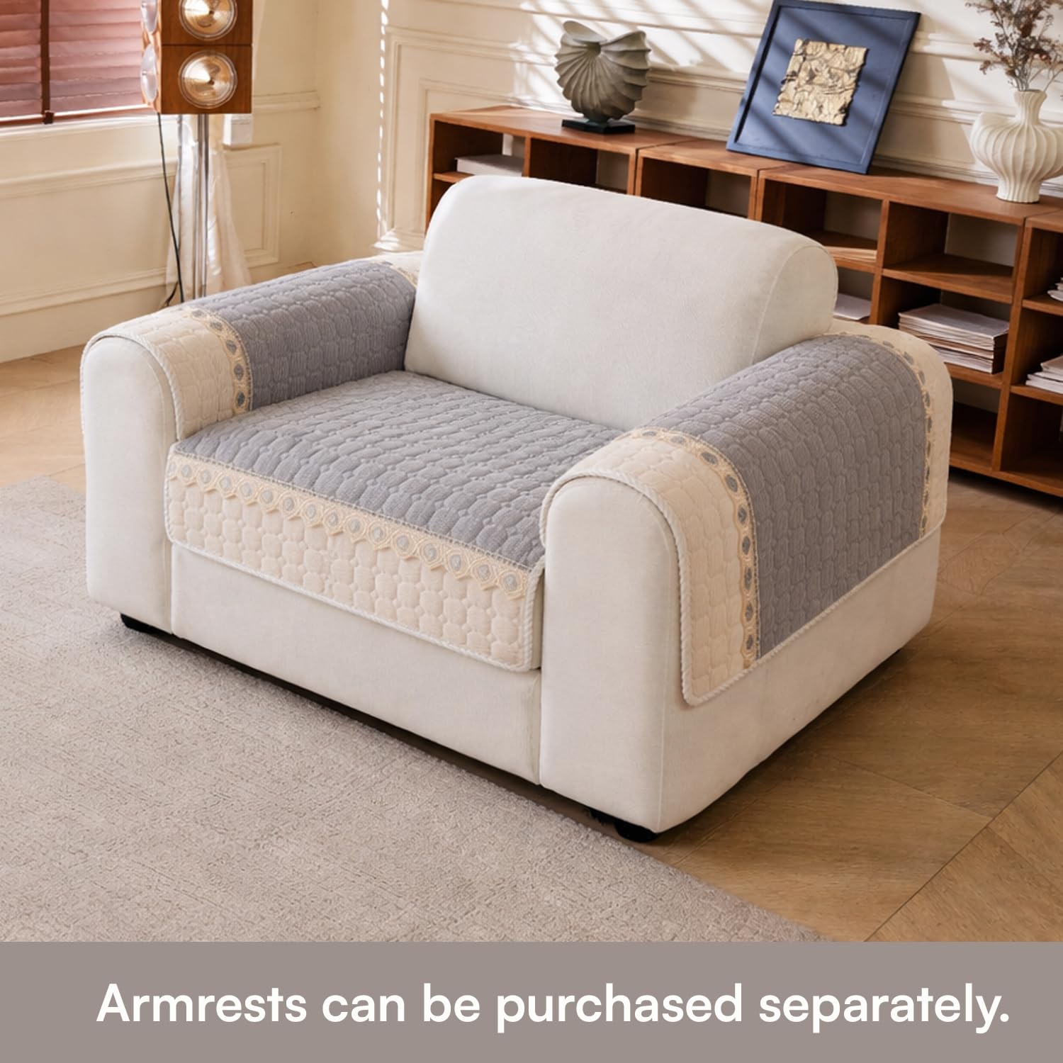 Waffle Quilt Corduroy Chenille Sofa Cover – Quilted, Non-Slip, Washable & Durable Protector (Grey)