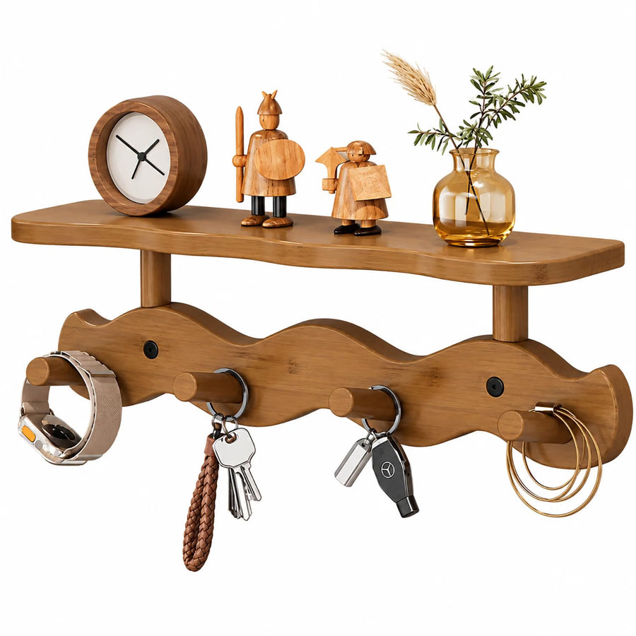 Wooden Wavy Wall-Mounted Coat Rack with 4 Hooks