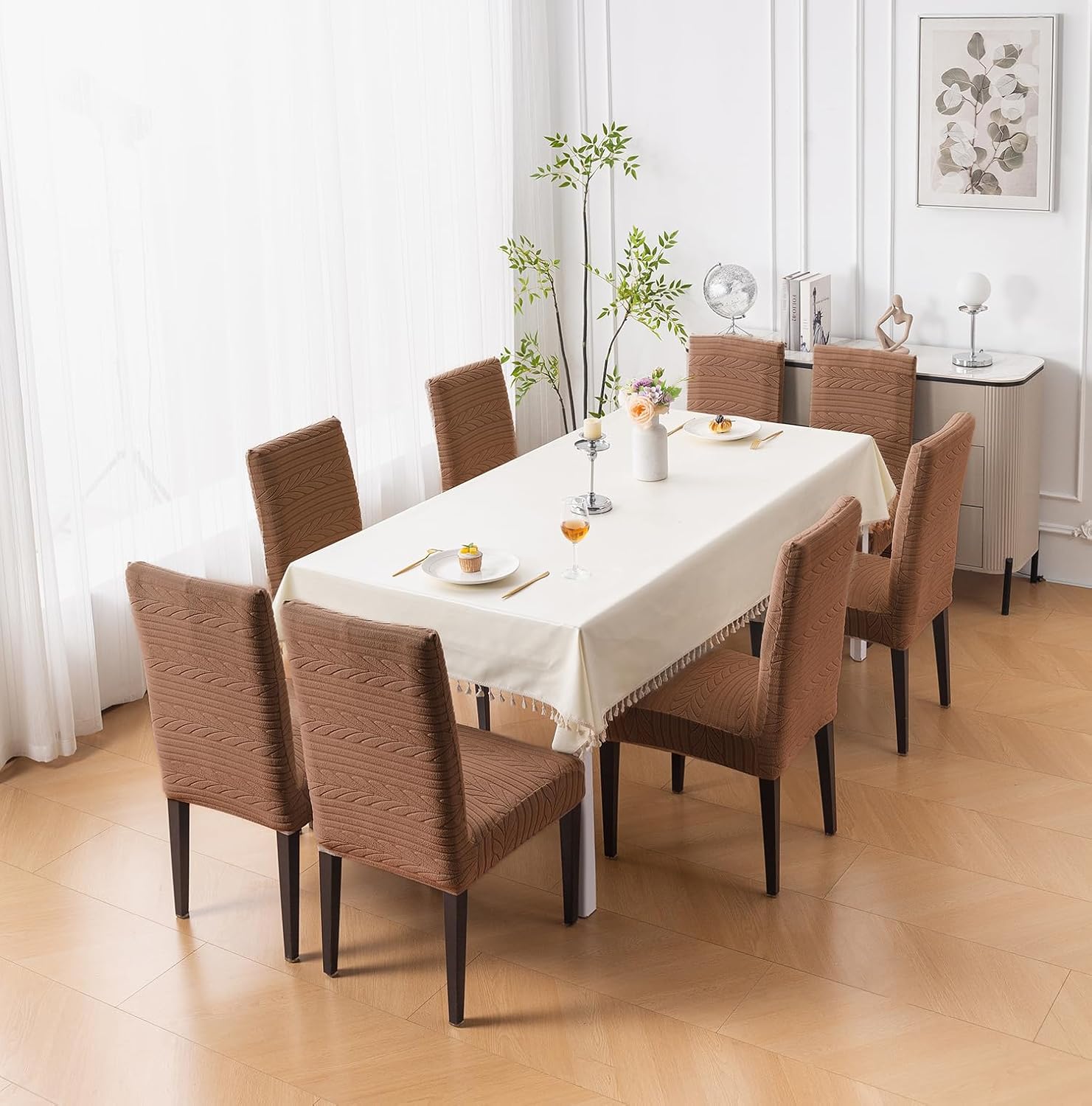 Flexible Stretch Dining Chair Cover 220 GSM Jacquard Fabric Universal Fit (Brown)