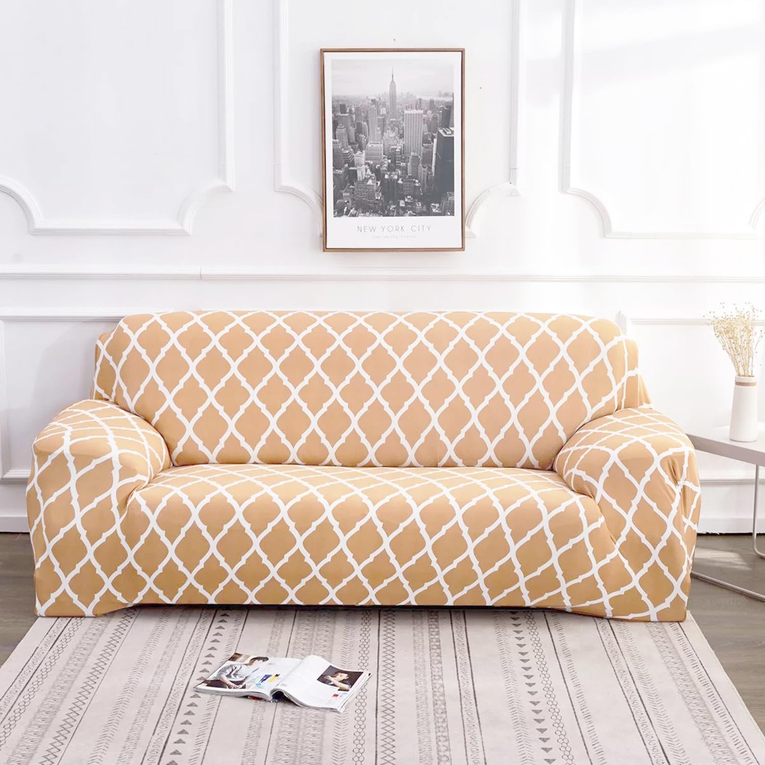 Universal 3 Piece Sofa Covers (3+1+1 Seater,  Beige Diamond)