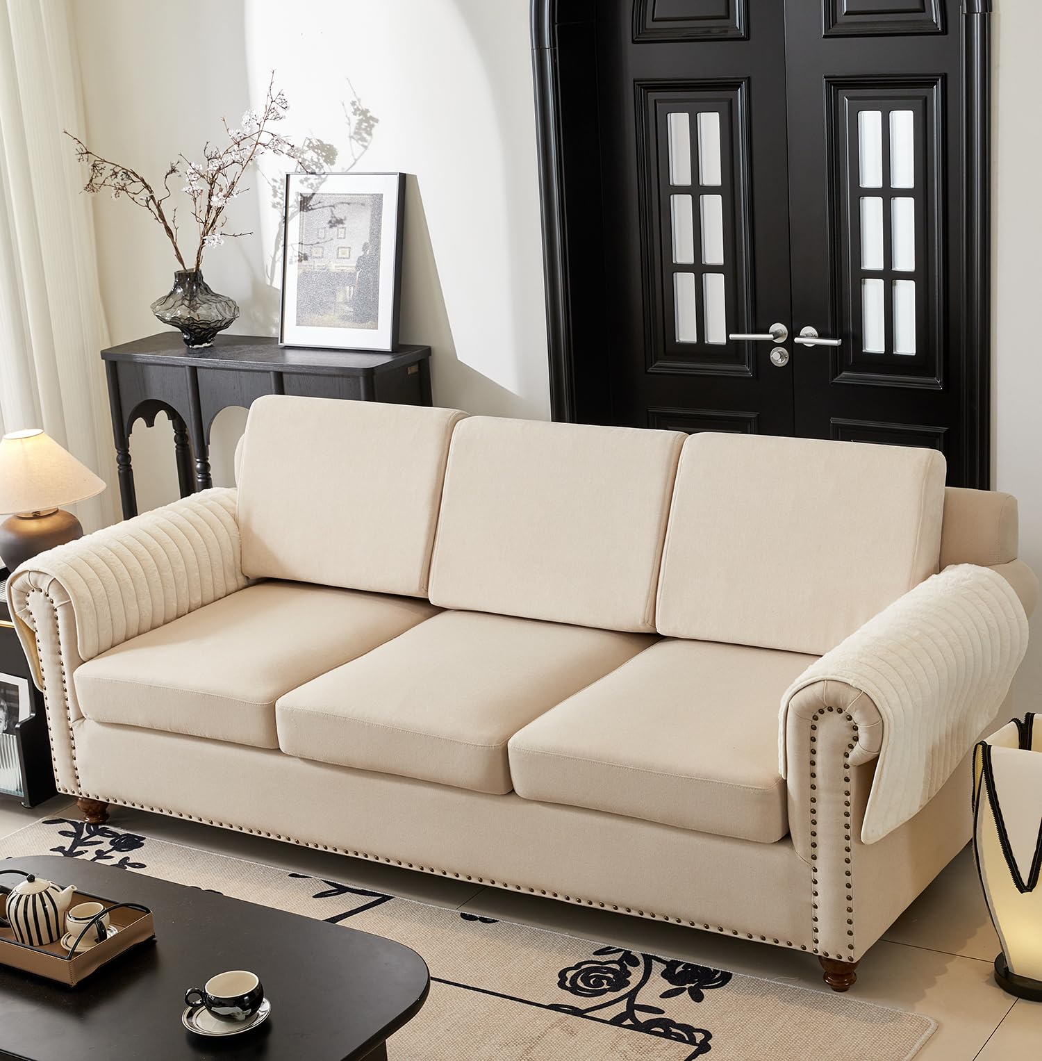 3D Striped Rabbit Plush Soft Sofa Mat Anti-Slip Fuzzy Plush- Cream