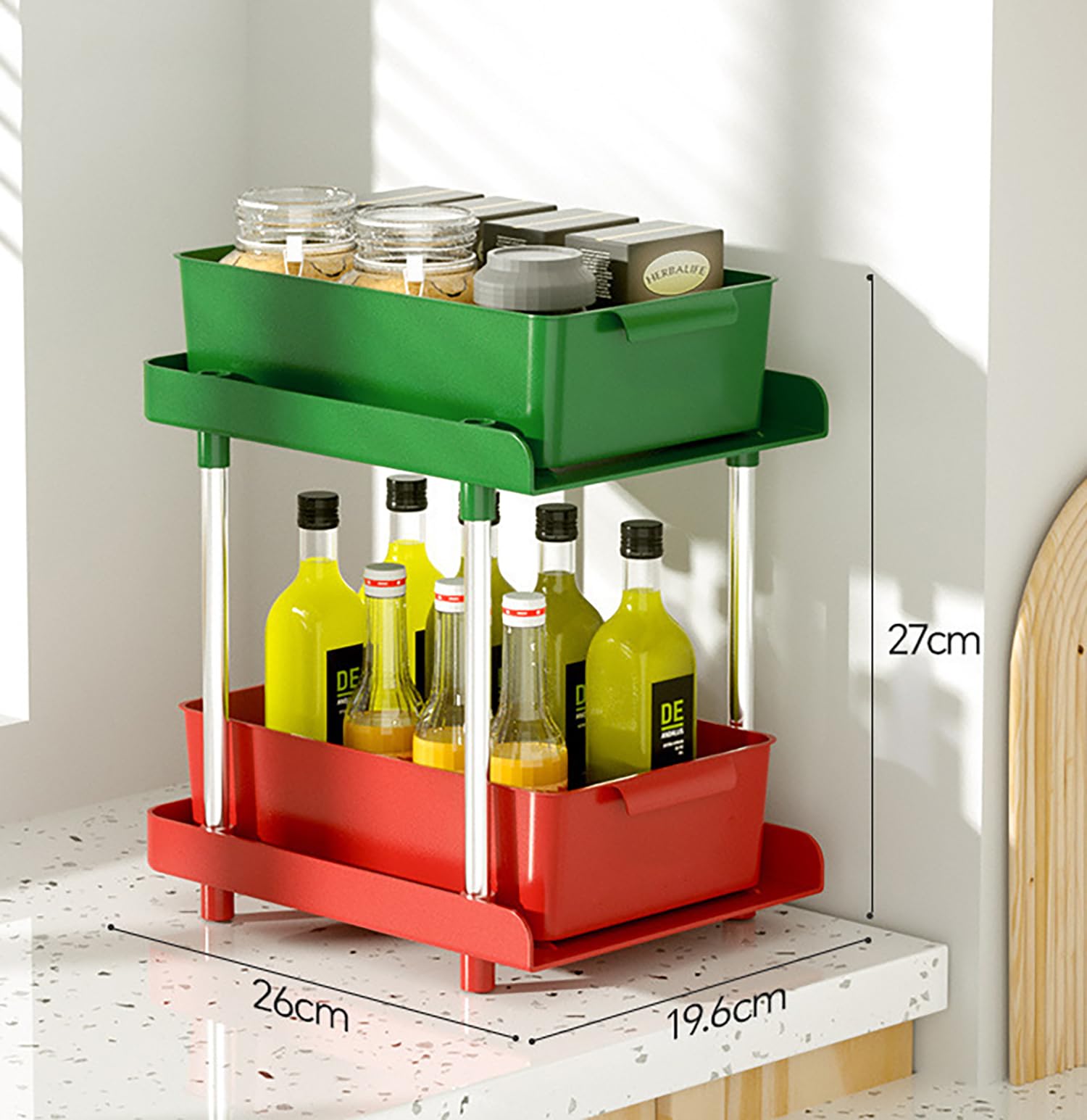 Under Sliding Cabinet Basket Organizer, 2 Layer Organizers (Green/Red)