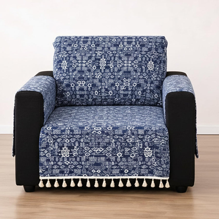IKATRA Series Quilted Printed Sofa Cover for Indian Sofa Set with Side Pocket (Blue Bohemian)
