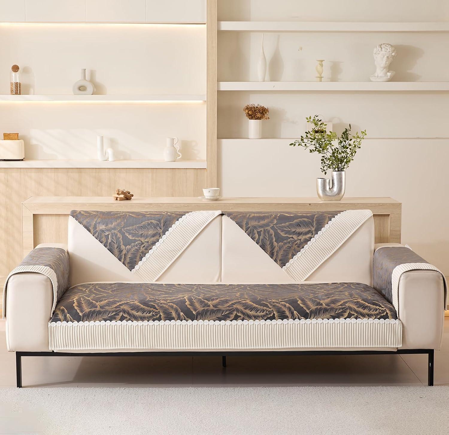 Sofa Cover Mat Leaf Pattern Chenille Fabric Seater Sofa (Grey)