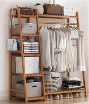 Bamboo Wood Garment Clothing Rack with 5 Tiers Storage Shelf- Tan