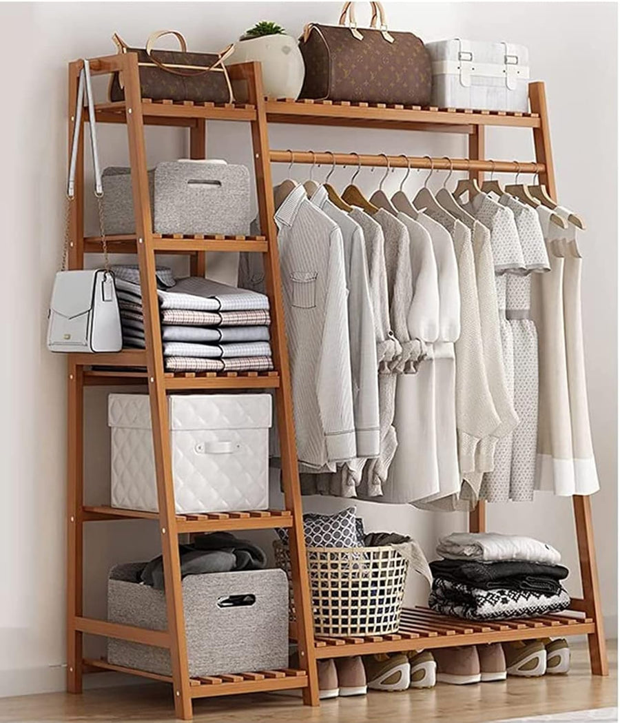 Bamboo Wood Garment Clothing Rack with 5 Tiers Storage Shelf- Tan