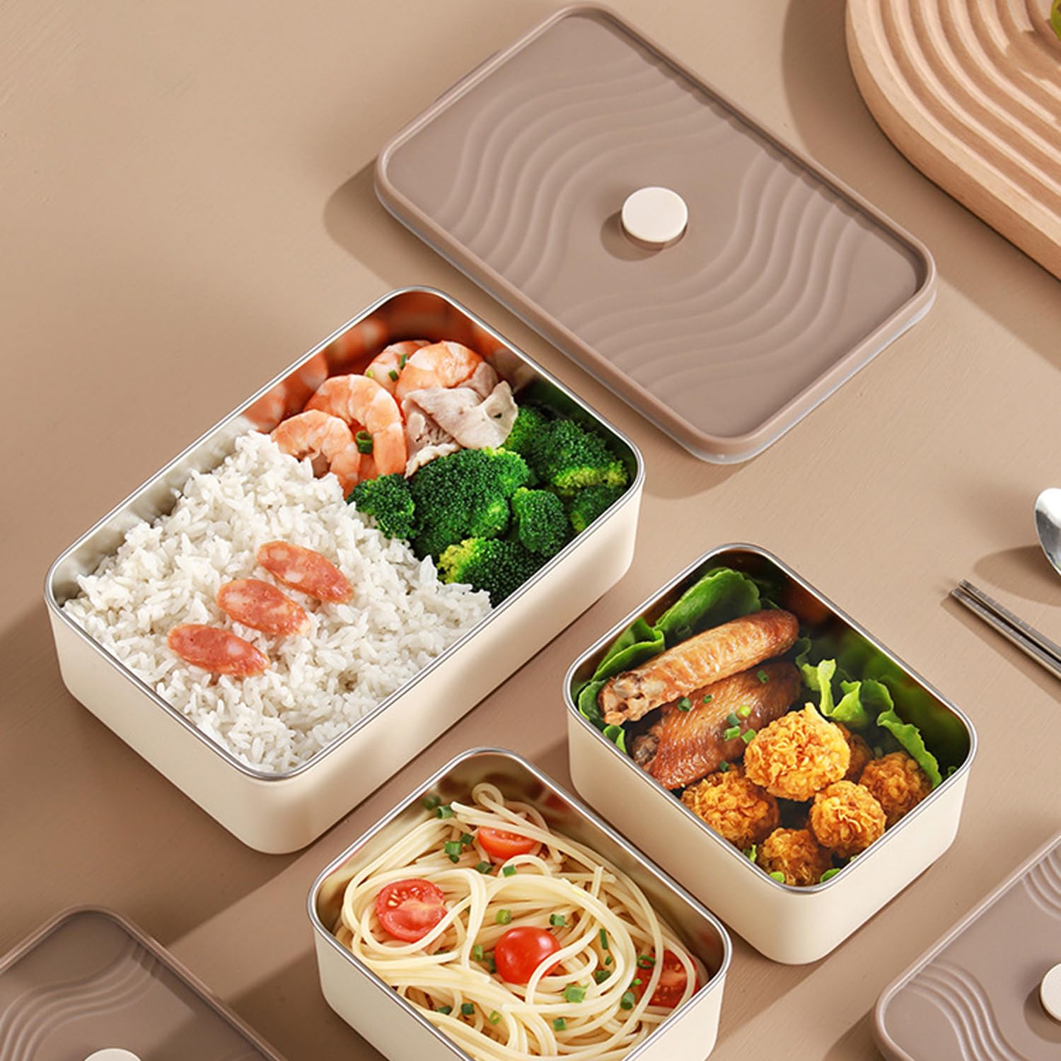 304 Stainless Steel Bento Box – 3 Leakproof Containers with Insulated Carry Case (Beige)