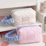 Korean Quilted Makeup Bag for Women, Heart Pattern Cosmetic Pouch