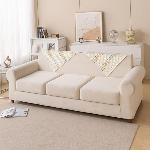 Printed Sofa Cover for Indian Sofa Set Quilted, Washable & Durable (Beige Garland)