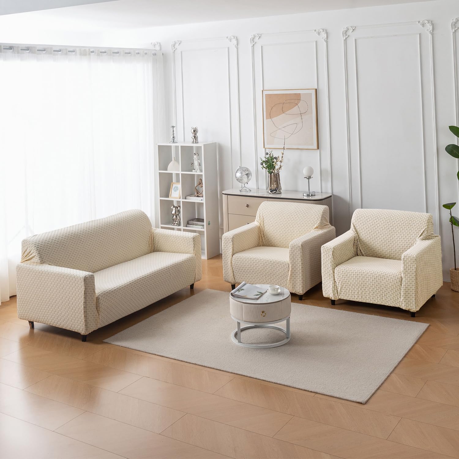 Elegant Jacquard Fabric 220 GSM Sofa Cover – Ultra Soft Stretchable (Beige)
