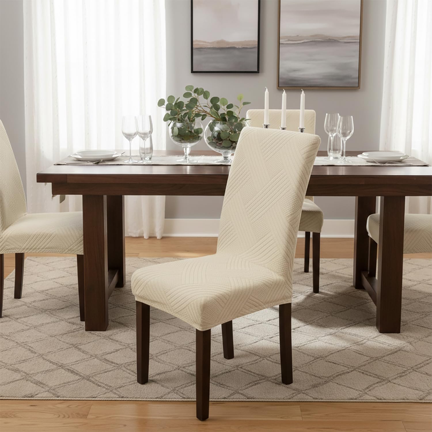 Universal Fit Elegant Jacquard Chair Cover – 220 GSM Stretch Fabric (Beige)