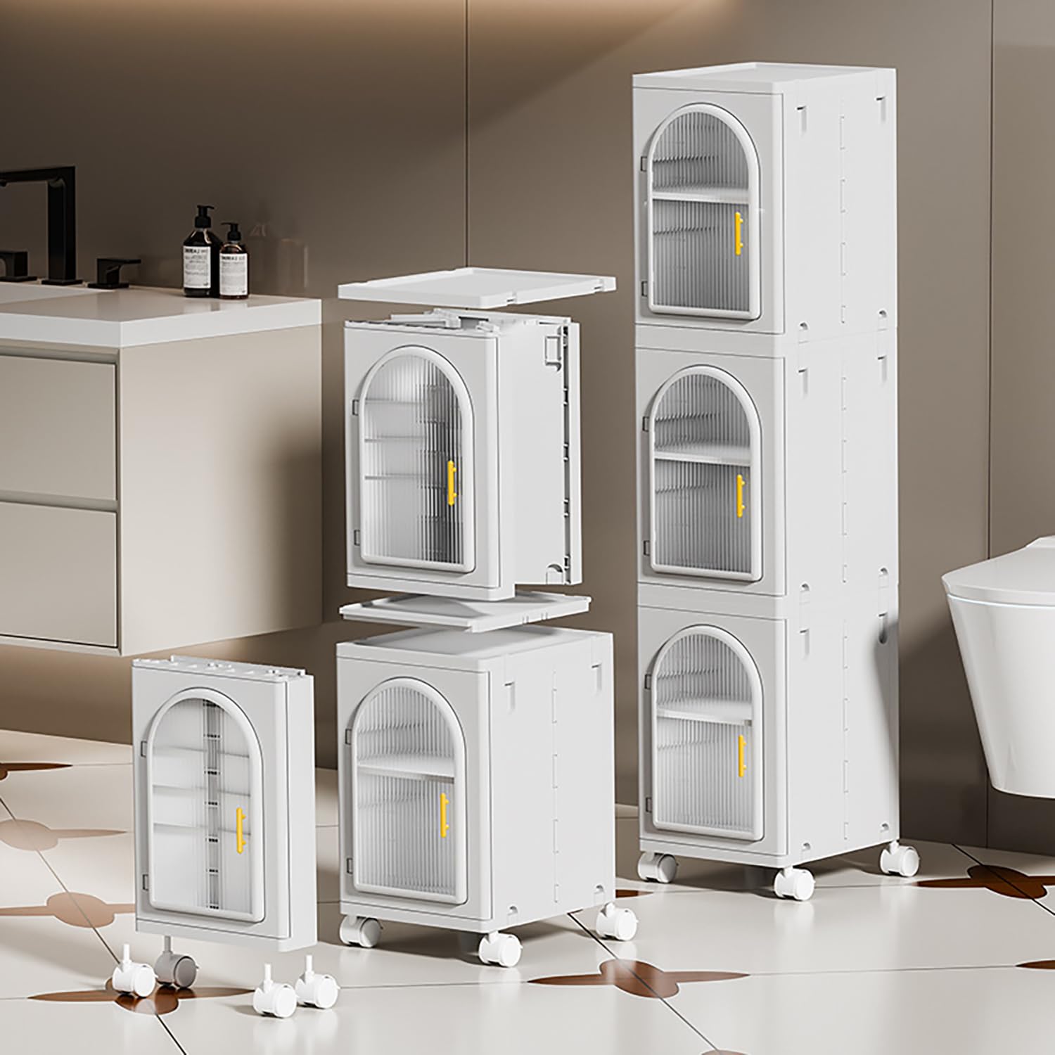 3-Layer Slim Bathroom & Kitchen Storage Cabinet with Transparent Drawers and Wheels – White
