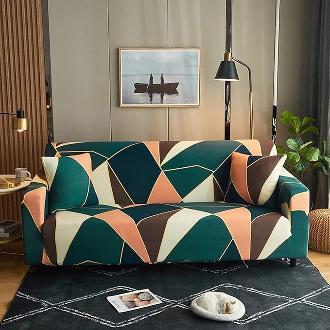 Universal 3 Piece Sofa Covers (3+1+1 Seater, Green/Peach Prism)