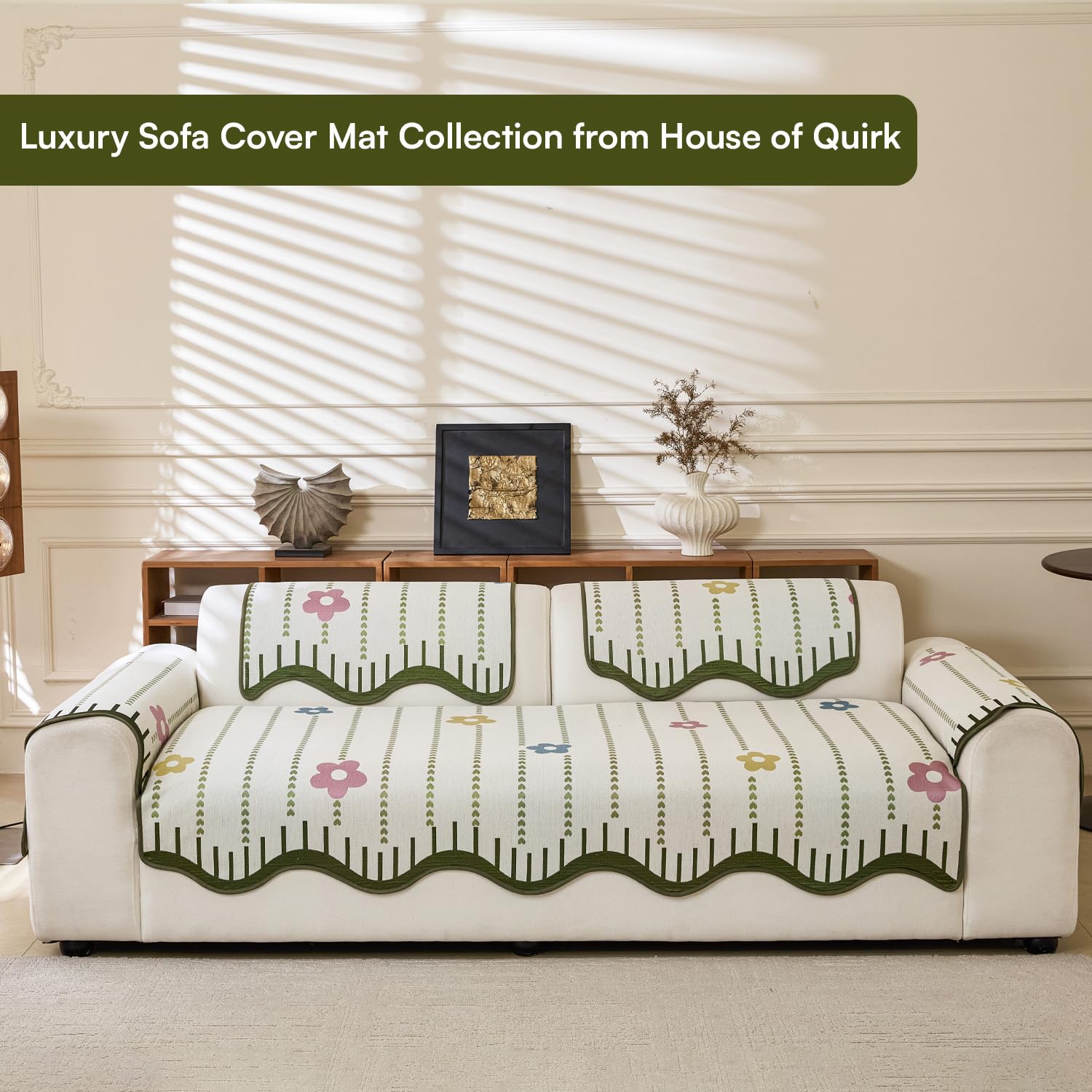 Loom Stripe Series Chenille Couch Cover Curved Edge Quilted Sofa Slipcover (Beige)