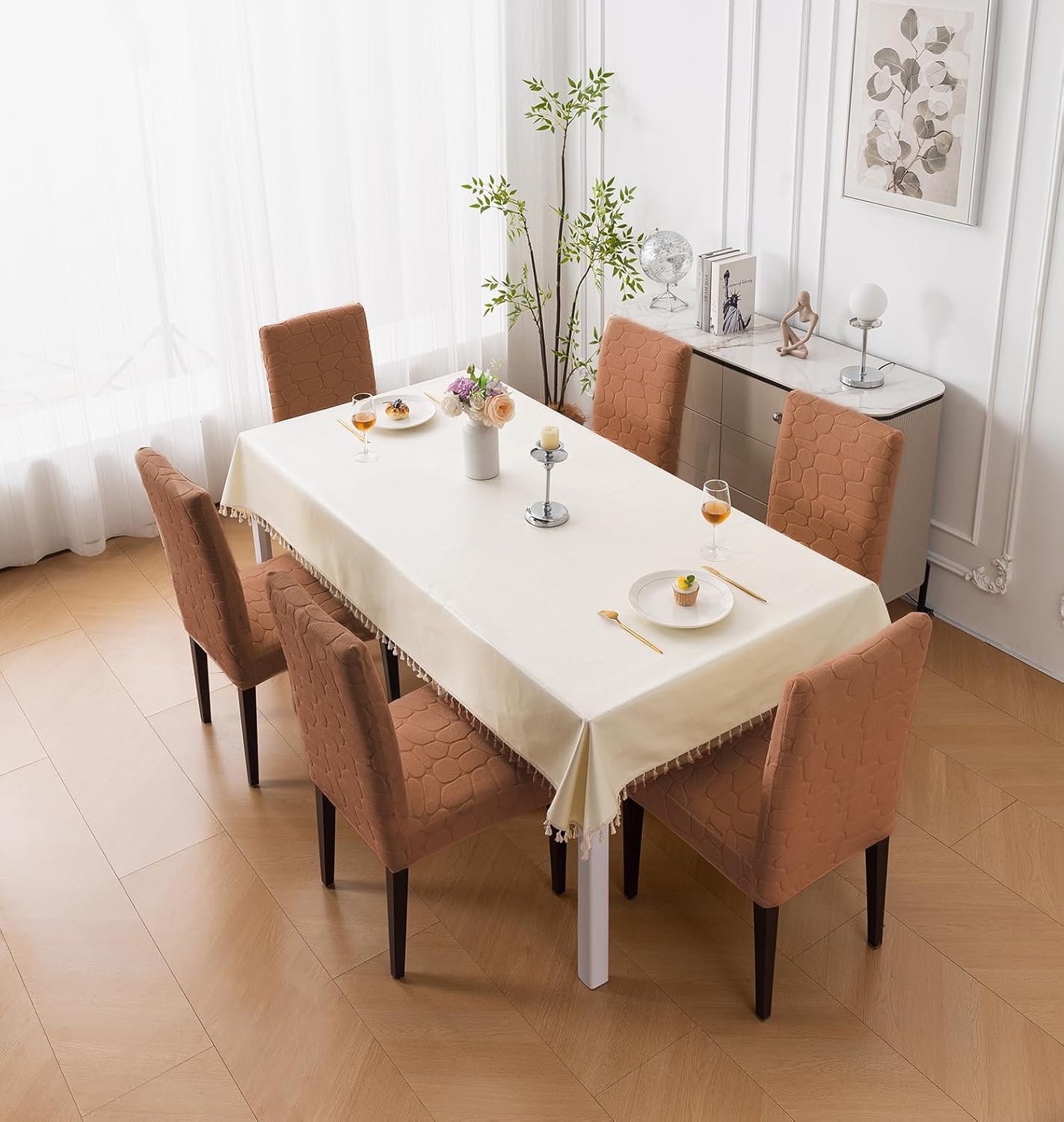 Premium Stretch Dining Chair Covers – 220 GSM Thick Jacquard Fabric- Khaki